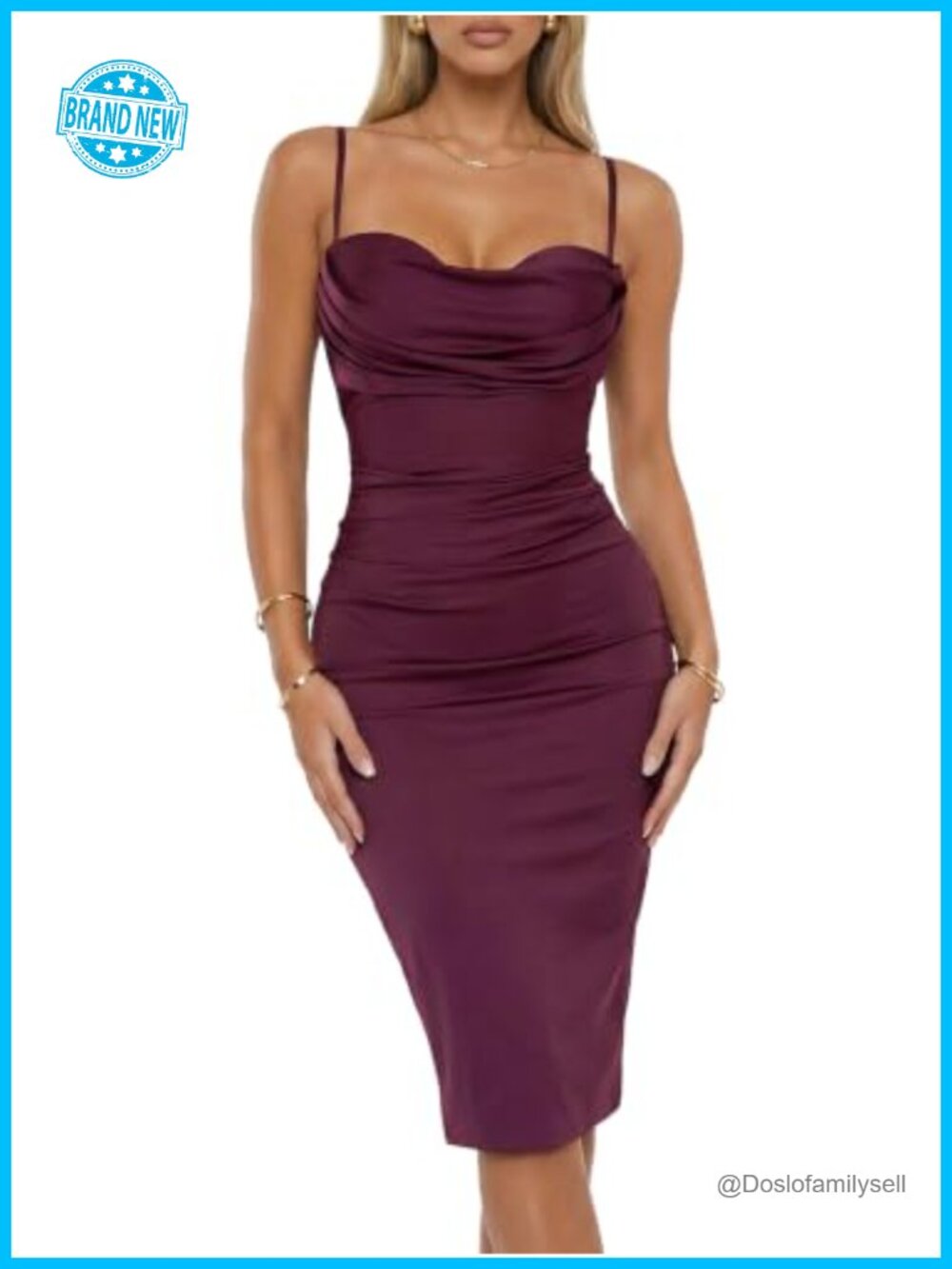 Built-in Bra Cowl Neck Bodycon Midi Dress Sleeveless Ruched Cocktail